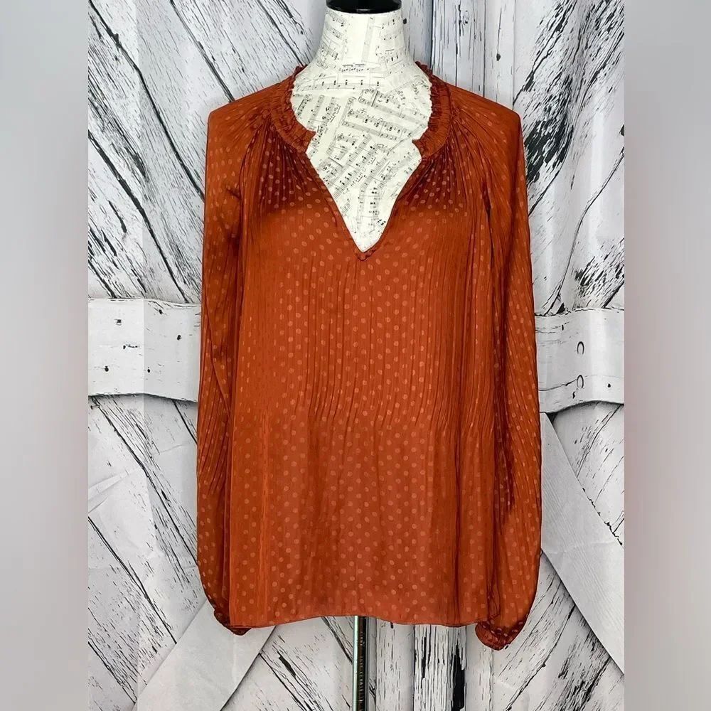 Current Air Anthropologie Blouse Polka Dots  Pleated Rust L